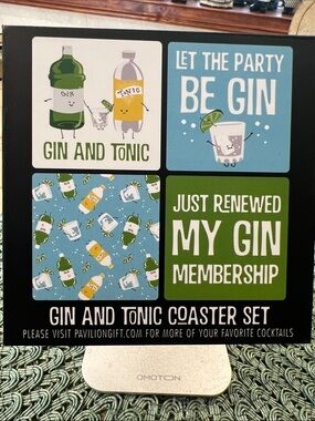 NWT Pavilion Gin and Tonic 4 piece Coaster Set 4” Square, Multicolor w/ box
